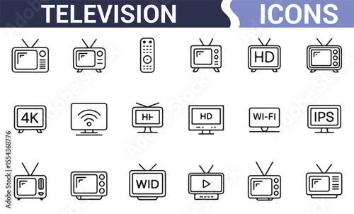 Collection of TV icons including traditional, flat-screen, and 4K models for digital designs.