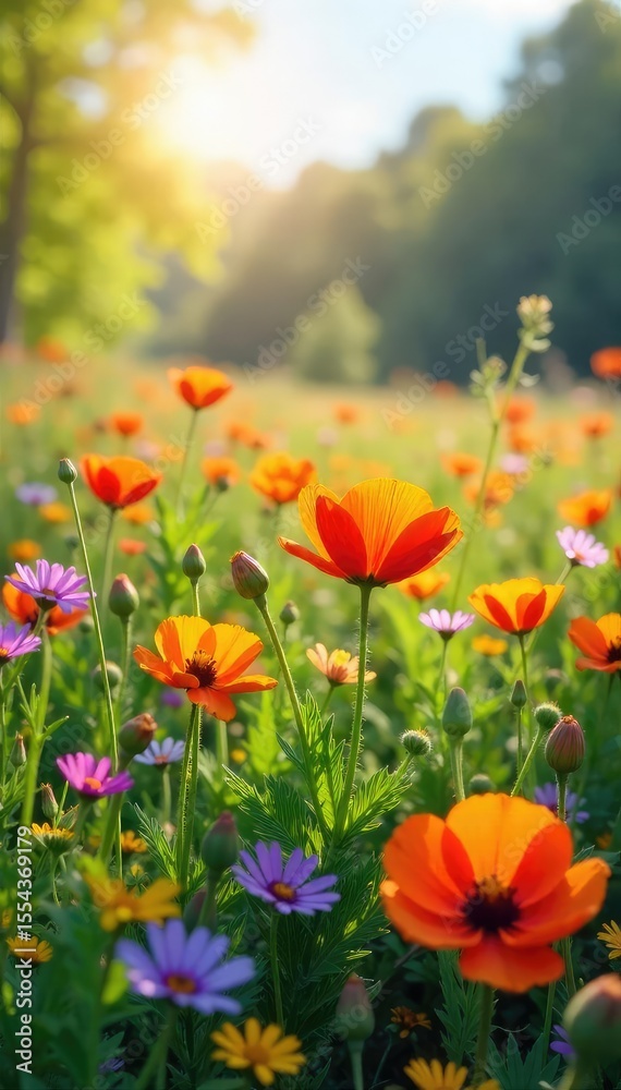Obraz premium Vibrant wildflowers bloom in a sun-drenched meadow, creating a breathtaking display of color and natural beauty Perfect for nature, environmental, and springtime themes , pollination, natural