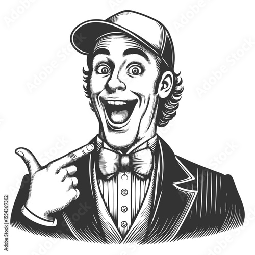  cheerful man in a suit and baseball cap pointing at his bow tie with a surprised expression sketch engraving generative ai fictional character vector illustration. Scratch board. Black and white.