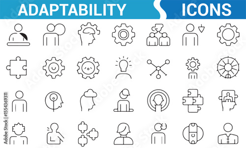 Icons for adaptability and change management in business, focusing on innovation and problem-solving.