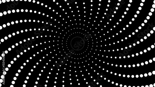Abstract white dot spiral pattern forming a vortex on a black background. Ideal for backgrounds, optical illusion designs, or science fiction themes.
