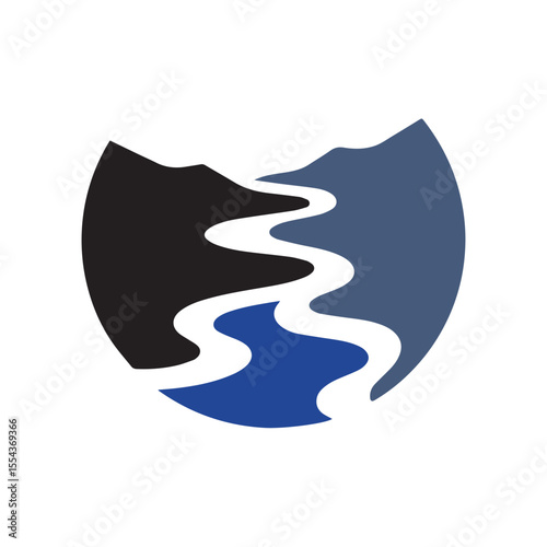 Logos of rivers, creeks, riverbanks and streams. River logo with combination of mountains and farmland with concept design vector illustration template