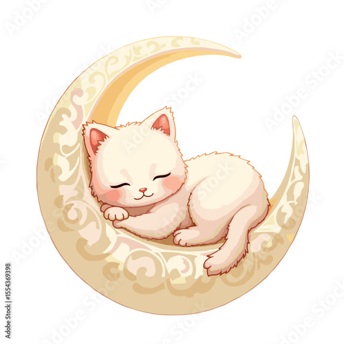 Crescent moon cradle with a sleeping cat no background