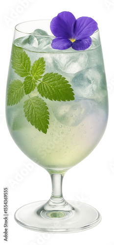 Glass vessel of lemon balm and lavender concoction garnished with a violet petal.