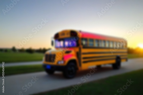 blurry photo of yellow school bus in the morning with sunrise in the bright sky