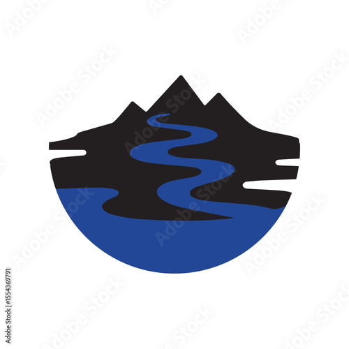 Logos of rivers, creeks, riverbanks and streams. River logo with combination of mountains and farmland with concept design vector illustration template