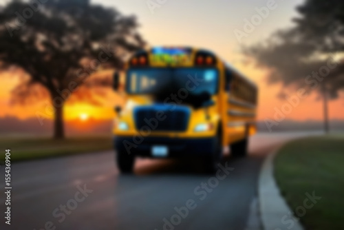 blurry photo of yellow school bus in the morning with sunrise in the bright sky