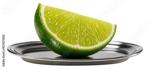 Lime quarter with a glossy peel on a silver tray for tequila accompaniment