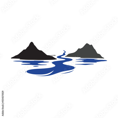 Logos of rivers, creeks, riverbanks and streams. River logo with combination of mountains and farmland with concept design vector illustration template