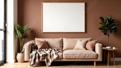 scandinavian interior, sofa with checkered blanket, interior table with stack of books on it, wooden floors, a big vertical picture frame hanging on the wall, mockup