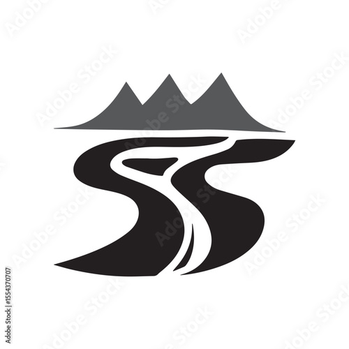 Logos of rivers, creeks, riverbanks and streams. River logo with combination of mountains and farmland with concept design vector illustration template