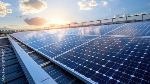 Solar panels on the roof of an office building generating clean energy for the workplace.