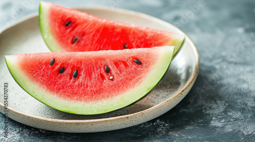 Two fresh watermelon slices with juicy red flesh and visible seeds served on a ceramic plate. Perfect summer fruit with vibrant color. Refreshing and healthy.
