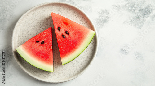 Two triangular watermelon slices on a ceramic plate, placed over a light textured surface. Fresh, juicy summer fruit captured from top view. Minimal composition.