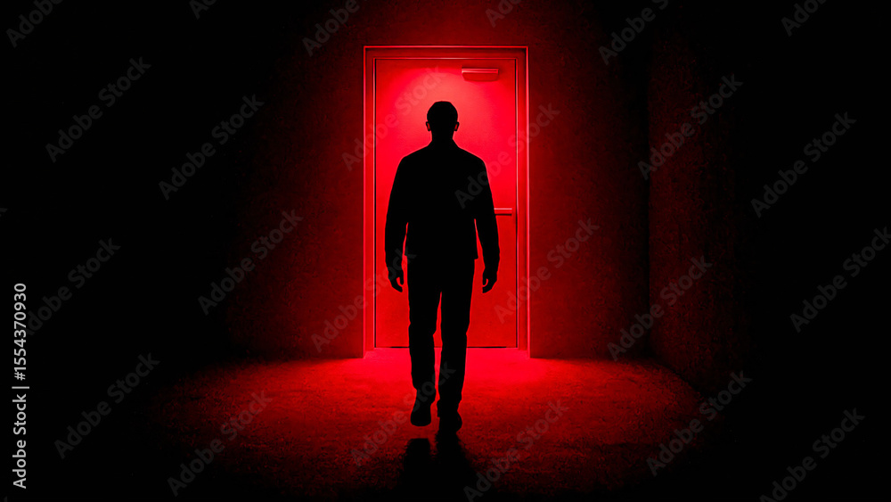 Obraz premium Silhouette of Man Walking Towards Bright Red Door or Light