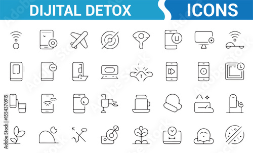 Icons promoting a digital detox lifestyle, featuring breaks from screens and mindful relaxation.