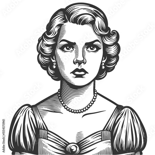 serious-looking woman in a formal gown with pearls, styled in a classic vintage fashion sketch engraving generative ai fictional character vector illustration. Scratch board. Black and white image.