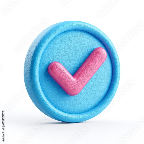  Icon of a of a bright pink checkmark on a blue sticker on a white background. 