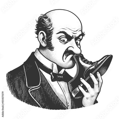 stern bald man intently sniffing a dress shoe, combining surreal humor with classic vintage style sketch engraving generative ai fictional character vector illustration. Scratch board. Black and white