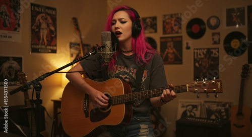 Young Female Musician Performing Acoustic Guitar in a Cozy Room with Vintage Decor