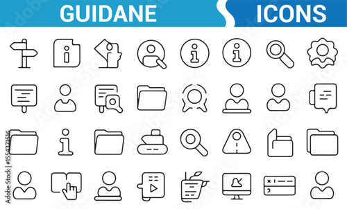 Vector icons depicting signs, help systems, and directional support for navigation and guidance