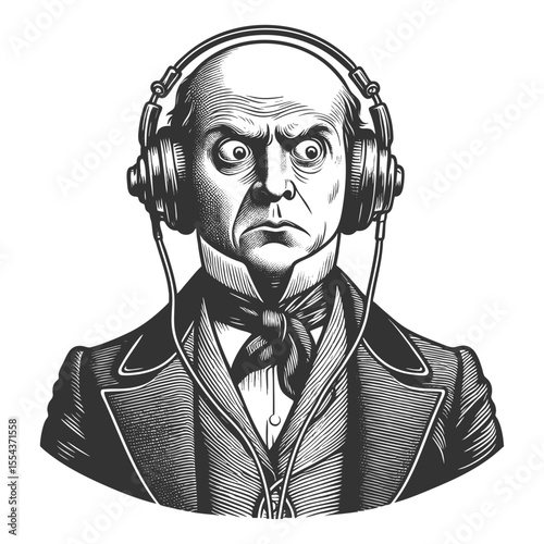 Victorian gentleman in formal attire, humorously wearing modern headphones with a shocked expression sketch engraving generative ai fictional character vector. Scratch board. Black and white.