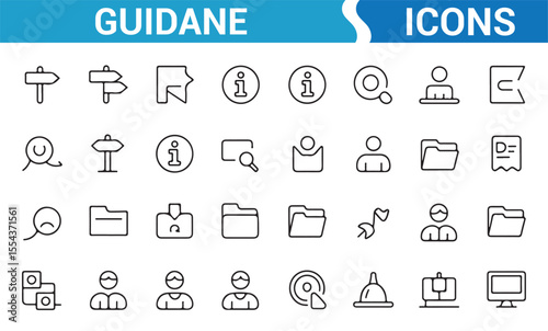Vector icons depicting signs, help systems, and directional support for navigation and guidance