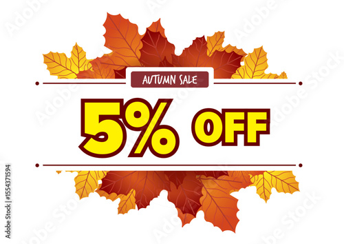 Colorful autumn sale banner featuring a discount of 5 percent with vibrant leaves design for promotional purposes