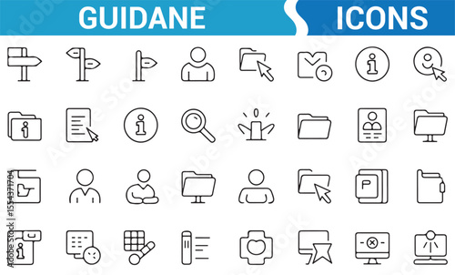 Collection of symbols representing assistance, direction, and guidance for digital and printed materials.