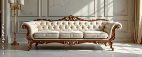 Elegant Cream Upholstered Sofa with Ornate Gold Wooden Frame in a Bright Room