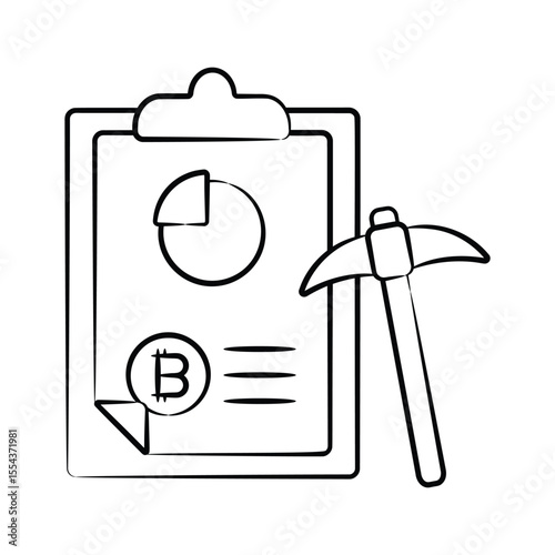 Bitcoin report with mining pickaxe, icon designed in hand drawn style