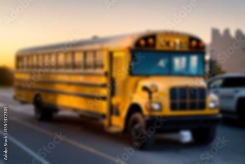 blurry photo of yellow school bus in the morning with sunrise in the bright sky