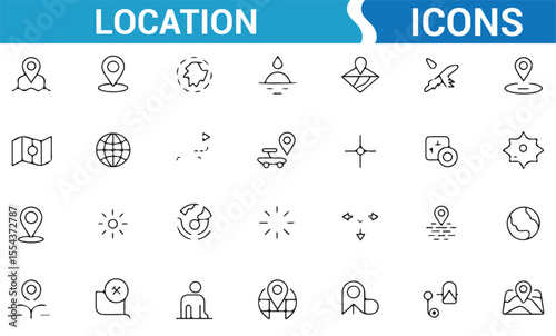 Map and GPS location icons for use in digital and physical navigation solutions.