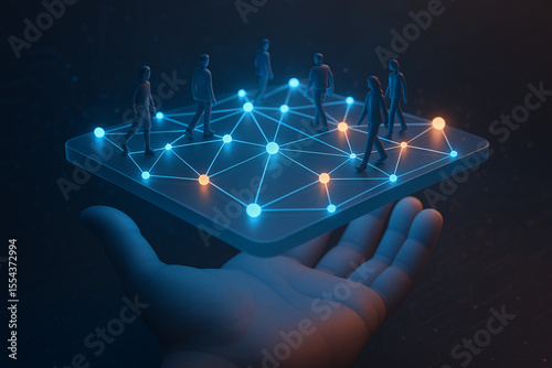 Futuristic 3D illustration of connected people on digital network platform held in a human hand
