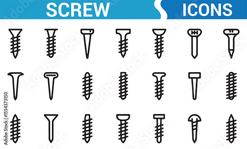 Icons representing screws, nuts, and fasteners, ideal for home improvement and industrial design.