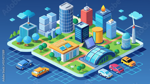 smart city, isometric, urban, architecture, modern buildings, green energy, future city, eco-friendly, 3D map, skyscraper, infrastructure, innovation, clean tech, roads, network, planning, solar panel