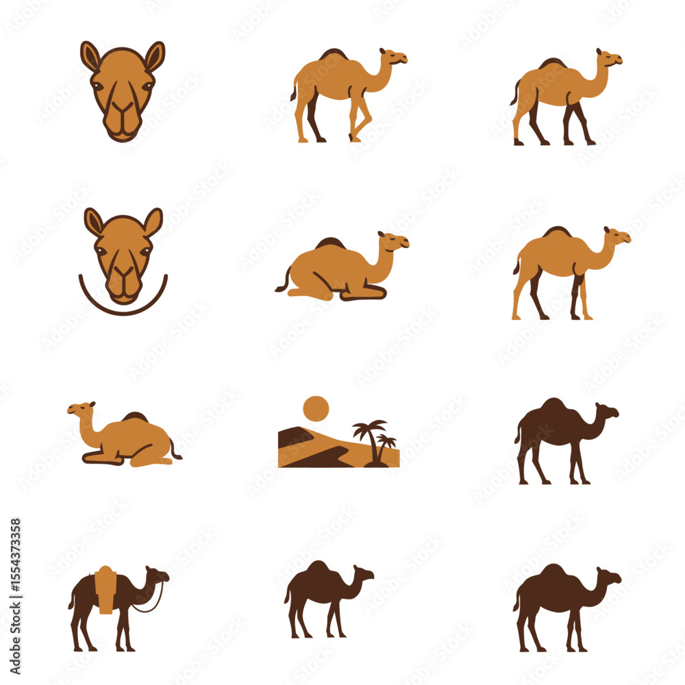 Obraz premium Vector graphic displays nine camelthemed icons arranged on a white background