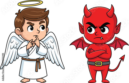 Cute cartoon angel and devil characters, moral decision concept, good versus evil, heavenly and demonic contrast, funny illustration, children conflict idea, vector artwork