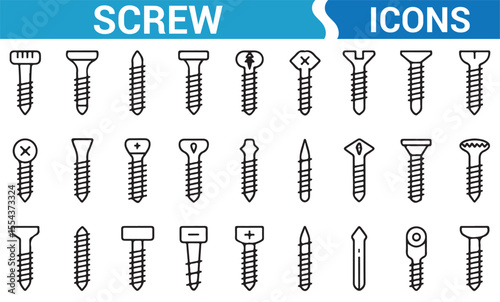 Set of fastener icons representing various types of screws for industrial, tool, and repair applications.