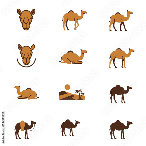 Vector graphic displays nine camelthemed icons arranged on a white background
