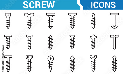 Collection of screw vector icons for use in construction, repair, and hardware design projects.