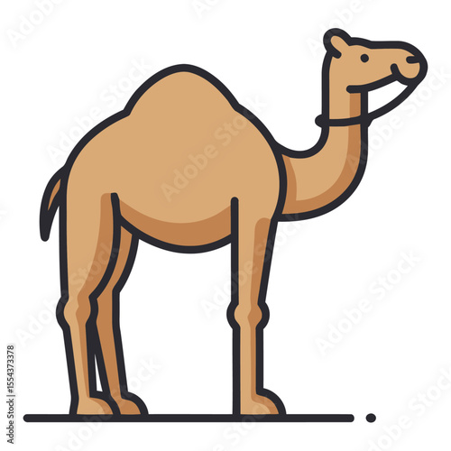 Tancolored camel with black outlines stands against a white background