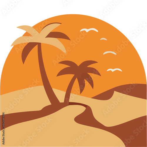 Two palm trees in a desert landscape silhouette against an orange sunset with dunes and three birds