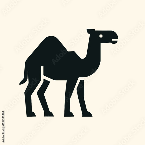Stylized black silhouette of a onehumped camel standing against a pale background