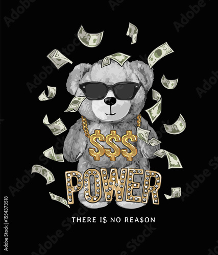 power golden diamond slogan with black and white bear doll in sun glassesvector illustration