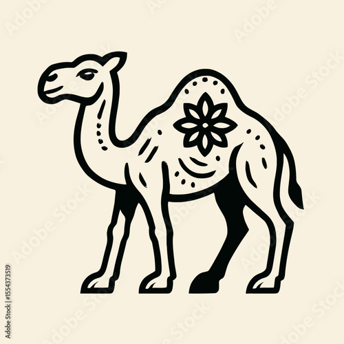 Stylized camel illustration featuring floral design on its hump rendered in bold black lines on a neutral backdrop