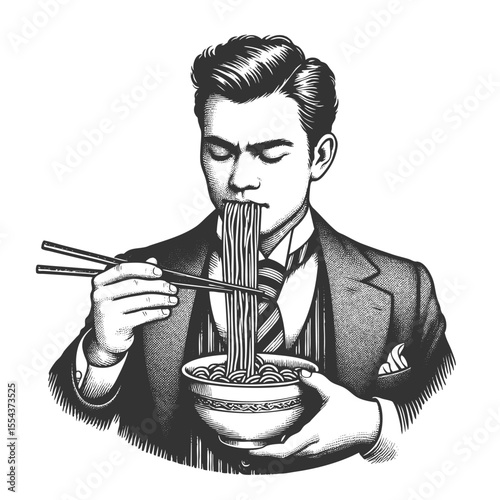 man in formal Victorian attire using chopsticks to eat a bowl of noodles sketch engraving generative ai fictional character vector illustration. Scratch board imitation. Black and white image.