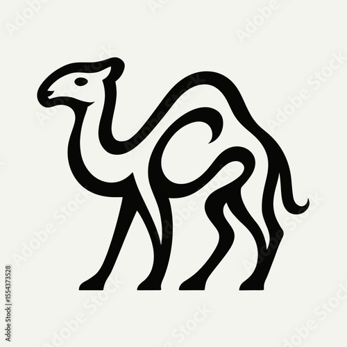 Stylized black camel illustration with curved flowing lines on a white background