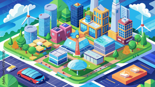 smart city, isometric, urban, architecture, modern buildings, green energy, future city, eco-friendly, 3D map, skyscraper, infrastructure, innovation, clean tech, roads, network, planning, solar panel