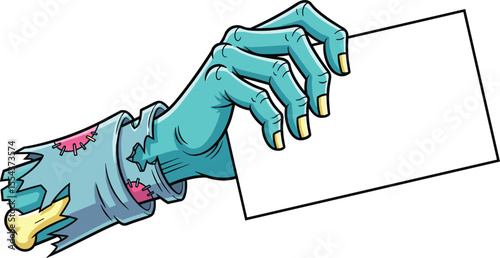 Zombie cartoon hand holding blank sign, undead hand illustration, scary Halloween design, spooky blue monster arm with card, horror banner template, comic artwork